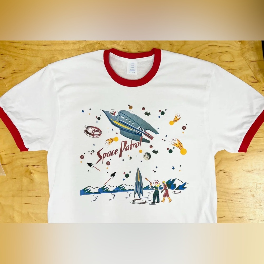 NWOT. Astro Bettie, Space Patrol Graphic Ringer Tee White 20” P2P, Size M | 103